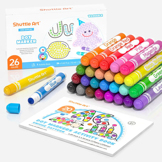 Shuttle Art Washable Dot Markers 26 Colors with Free Activity Book Fun Art Supplies for Kids Toddlers and Preschoolers Non Toxic Water-Based Paint Daubers Dot Art Markers