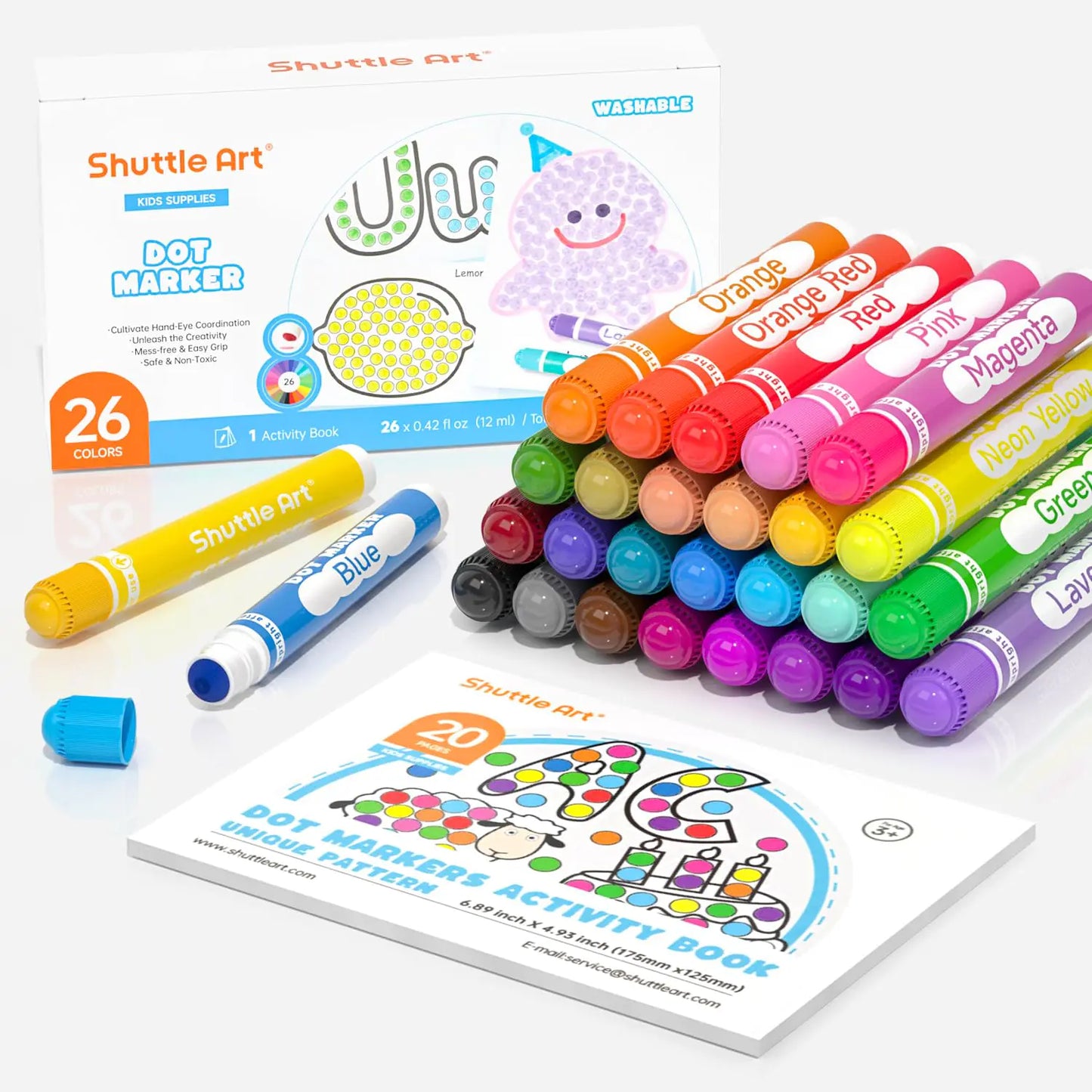 Shuttle Art Washable Dot Markers 26 Colors with Free Activity Book Fun Art Supplies for Kids Toddlers and Preschoolers Non Toxic Water-Based Paint Daubers Dot Art Markers