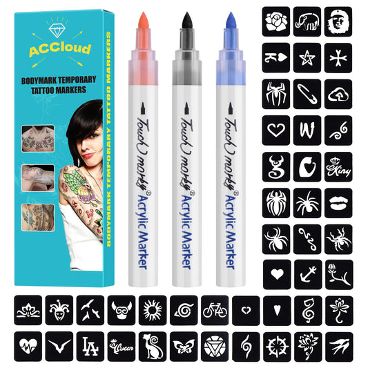 Temporary Tattoo Markers for Skin Paint Pens Kit 3 Body Markers+ 63 Tattoo Stencils Kit for Kids and Adults Flexible Brush Tip Skin Safe for Art Projects Drawing (3 Colors-B)