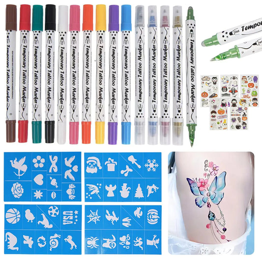 Funtigee Temporary Tattoo Markers for Skin 15 Body Markers + 4 Large sheets Tattoo Stencils & 5 sheets Glow In the Dark Stickers for Kids and Adults Dual-End Tattoo Pens
